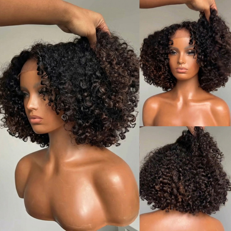 Bouncy Curly Bob Wig Lace Frontal Short Curly Human Hair Wig Ombre Brown Color Glueless Beginner Friendly Wig - Rafarada