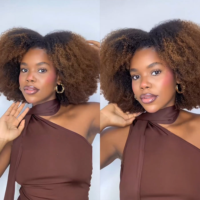 Afro Kinky Curly Human Hair Wigs for Black Women Ombre Brown Coily Texture Glueless Short Afro Wig - Rafarada