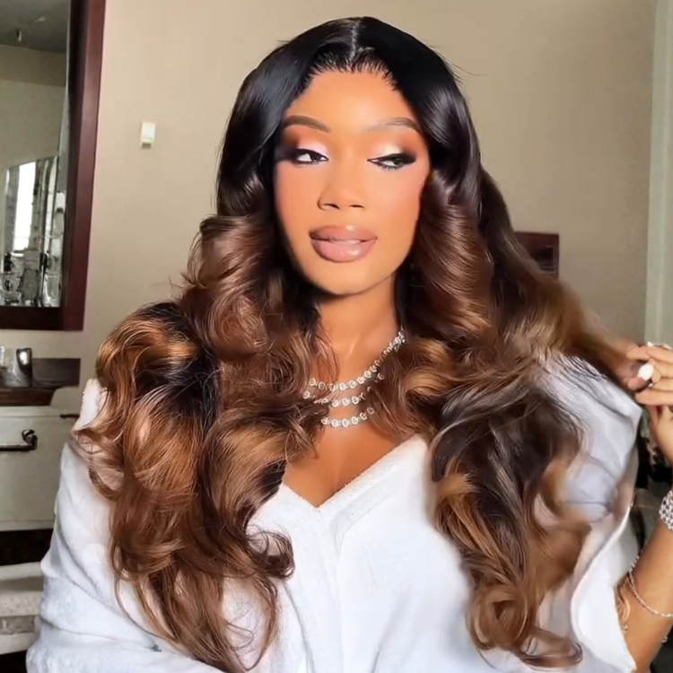 Loose Wave Ombre Dark Brown Lace Front Wig Human Hair with Natural Hairline - Rafarada