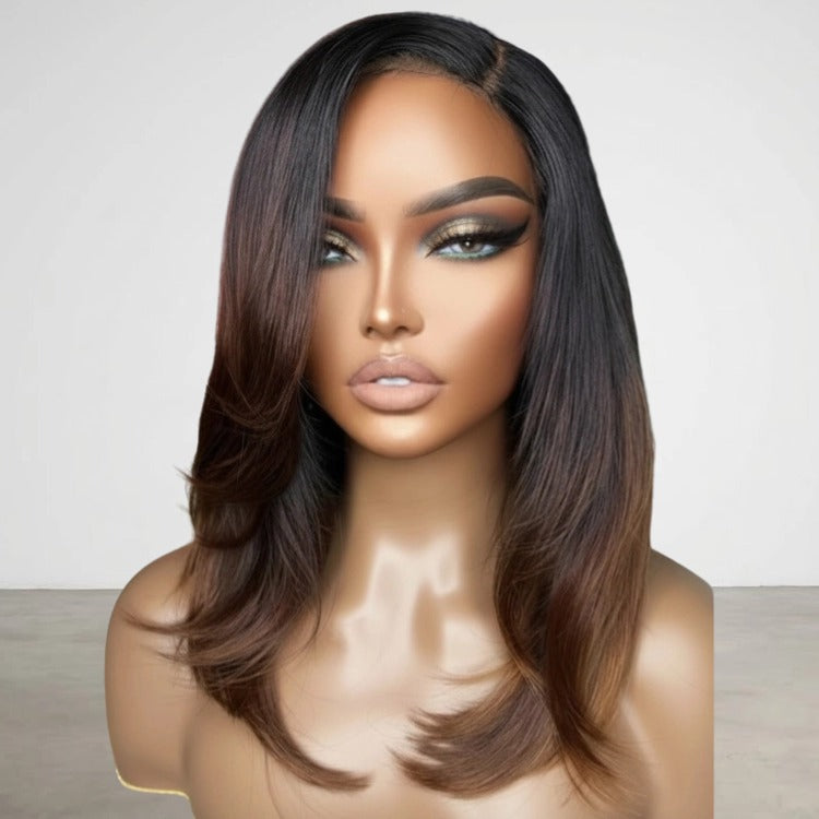 Ombre Brown Long Layered Hair Cut Bob Straight Human Hair HD Lace Glueless Wig- Rafarada