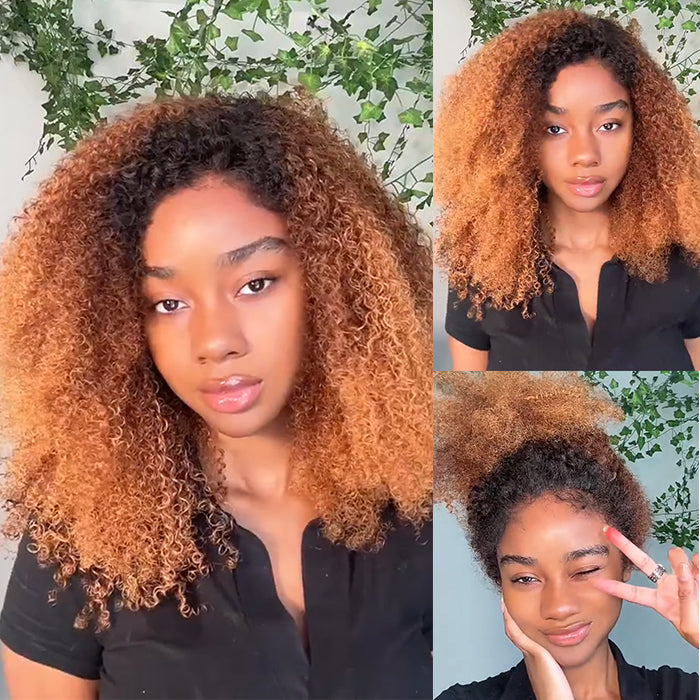 Ombre With Light Brown Color Kinky Curly Human Hair Wig Glueless HD Lace Pre-Plucked Hairline Lace Wig - Rafarada