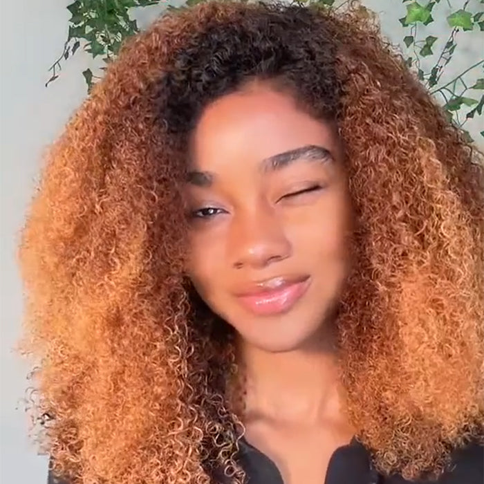 Ombre With Light Brown Color Kinky Curly Human Hair Wig Glueless HD Lace Pre-Plucked Hairline Lace Wig - Rafarada