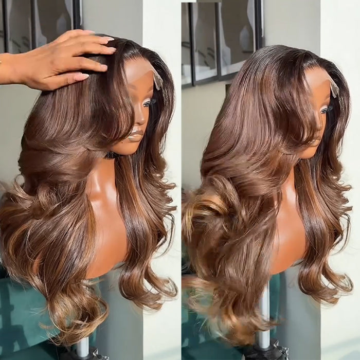 Caramel Chestnut Brown Layered Body Wave Wig – 90s Bouncy Blowout Wig with Curtain Bangs - Rafarada