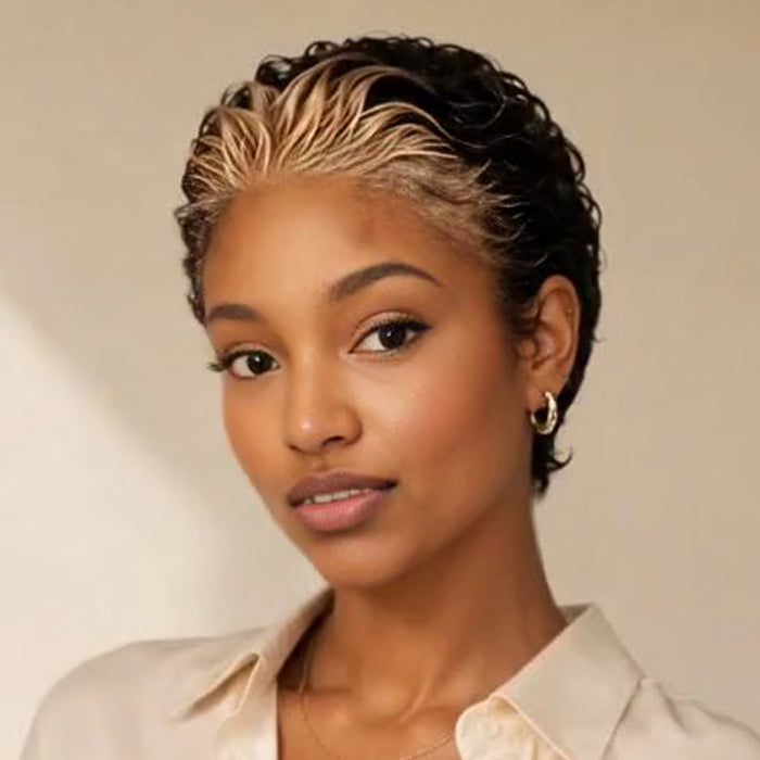Pixie Cut Curly Wig Natural Black Color With Blonde Color Hairline Short HD Full Lace Front Human Hair Wig - Rafarada