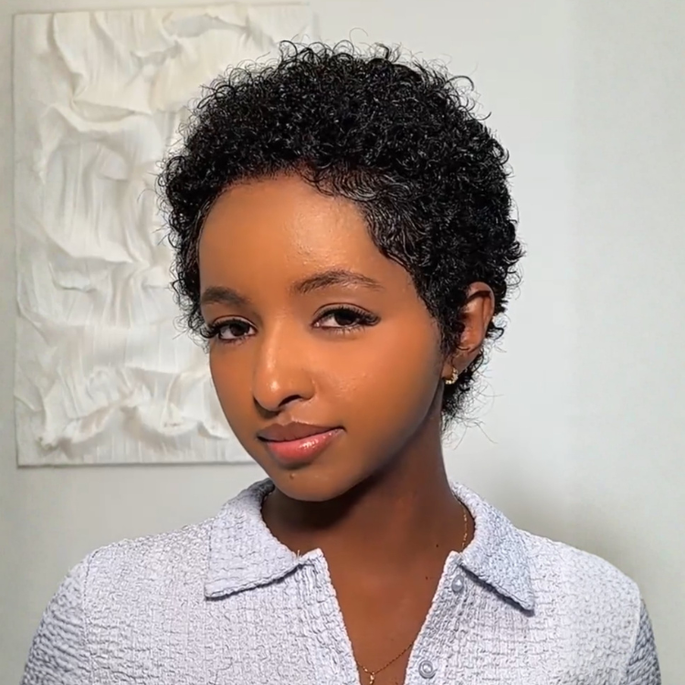 Short Pixie Cut Curly Human Hair Lace Front Wigs Natural Black Full Lace Free Part Wig for Women - Rafarada