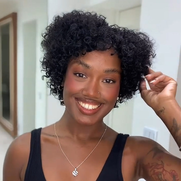Short Curly Human Hair Wig Natural Black Glueless Pixie Cut Curly Wig for Black Women - Rafarada