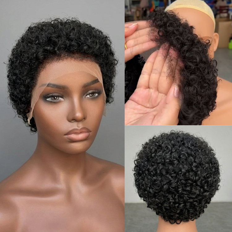Short Pixie Cut Full Lace Natural Black Curly Human Hair Wig for Black Women Lace Front Wig with Edges Curly Bob Wig - Rafarada
