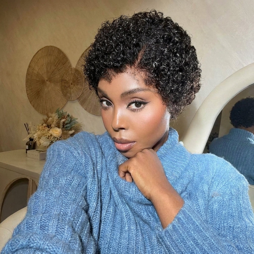 Short Pixie Cut Curly Human Hair Lace Front Wigs Natural Black Full Lace Free Part Wig for Women - Rafarada