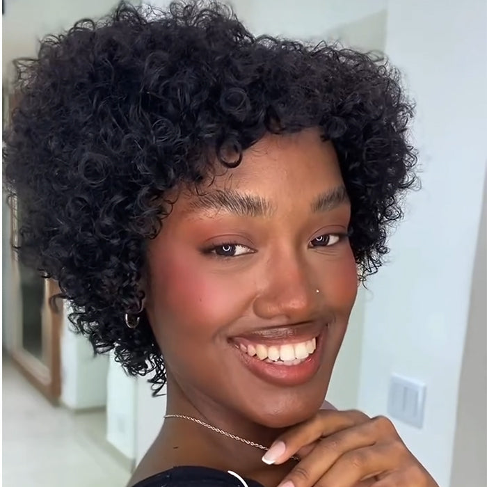 Short Curly Human Hair Wig Natural Black Glueless Pixie Cut Curly Wig for Black Women - Rafarada