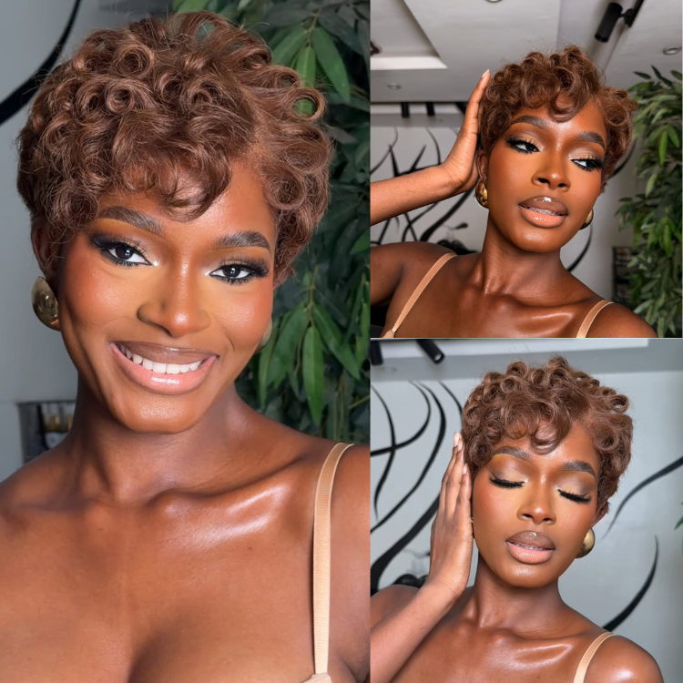 Luxury Short Pixie Curly Brown Wig Available in Full Lace Natural Chestnut Brown Short Curly Wig- Rafarada