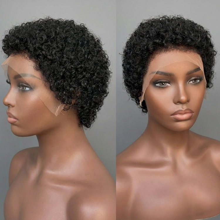 Short Pixie Cut Full Lace Natural Black Curly Human Hair Wig for Black Women Lace Front Wig with Edges Curly Bob Wig - Rafarada