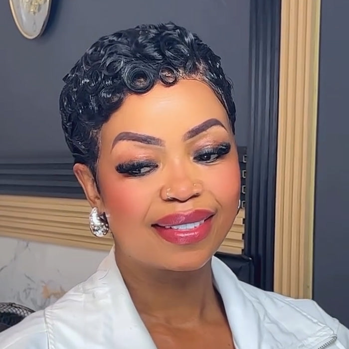 Short Sculpted Curls Pixie Cut Wig Full Lace Finger Wave Natural Black Color Wig - Rafarada