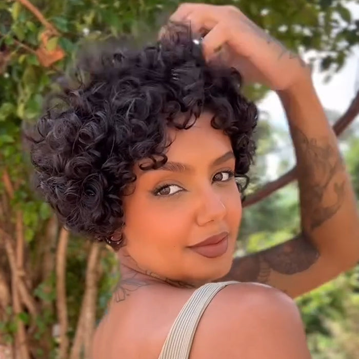 Bouncy Short Jerry Curly Pixie Cut Wig Natural Black Full Lace & Glueless Machine Made Human Hair - Rafarada