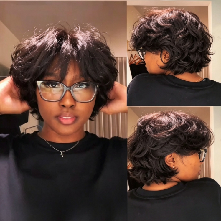 Natural Dark Short Bob Human Hair Wig - Voluminous Loose Body Waves - Glueless Easy Wear - Rafarada