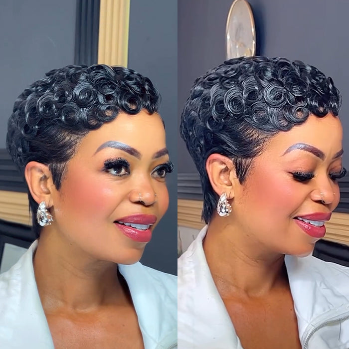 Short Sculpted Curls Pixie Cut Wig Full Lace Finger Wave Natural Black Color Wig - Rafarada