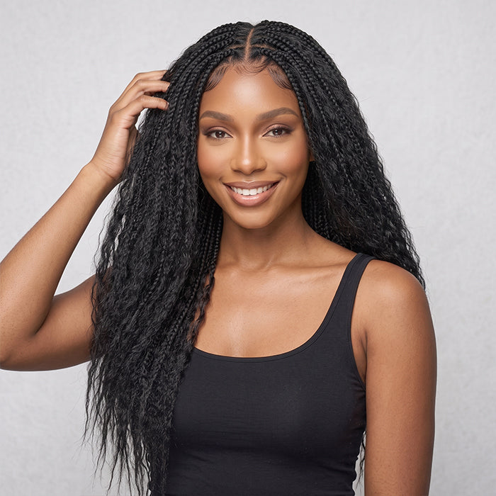 Natural Color Pre Braided Water Wave Human Hair Lace Frontal Wig With Boho  Box Braids Natural Curly Wig - Rafarada