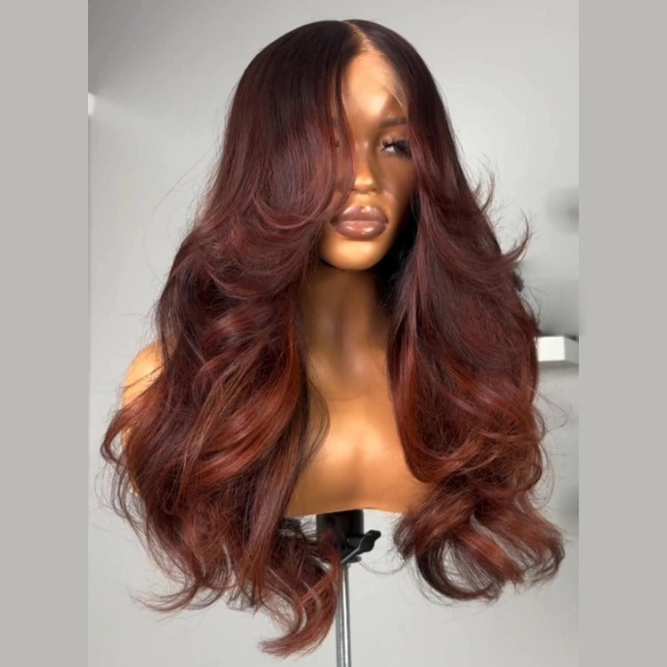 Highlight Red Brown Layer Body Wave Wig Pre Cut Glueless HD Lace Wig - Rafarada