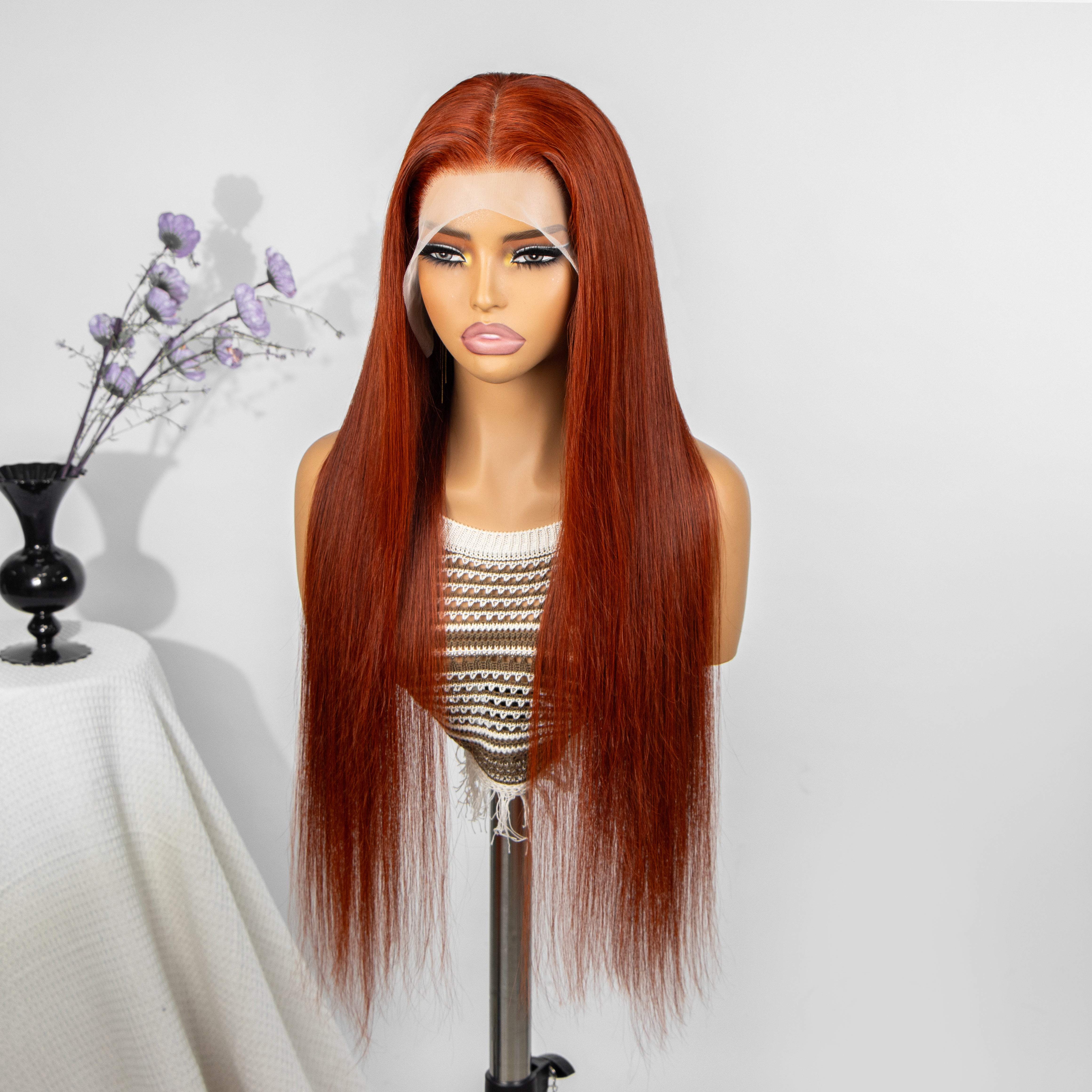 Red Brown Straight Hair Lace Front Wig Pre-Plucked 100% Human Hair - Rafarada