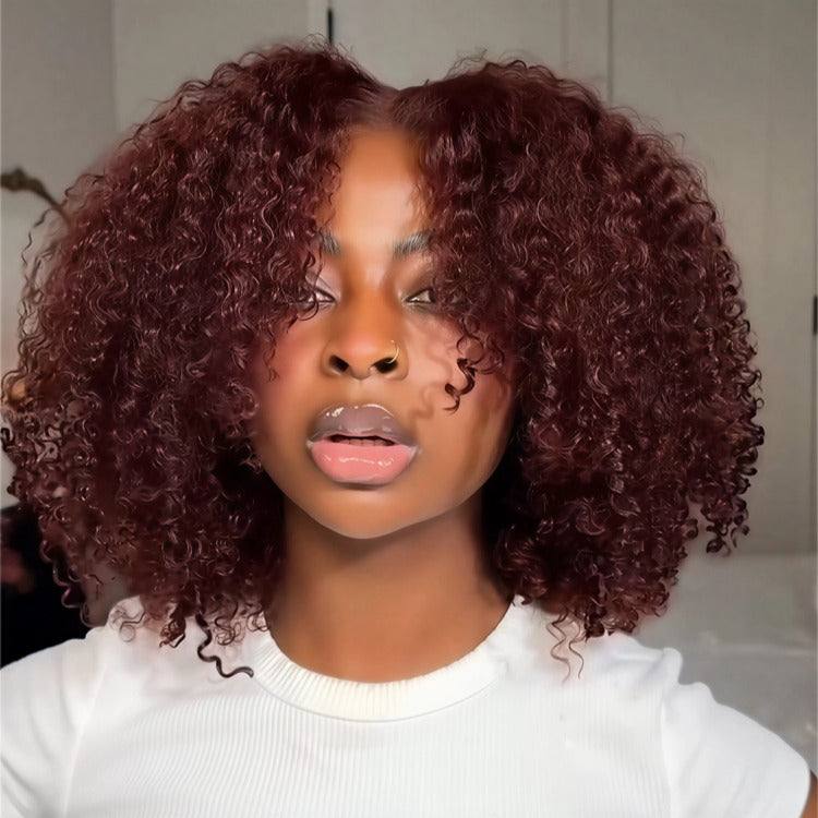 Bob Afro Curly 100% Human Hair Wigs Reddish Brown Color Glueless Lace Wig Pre-Plucked Hairline For Woman - Rafarada