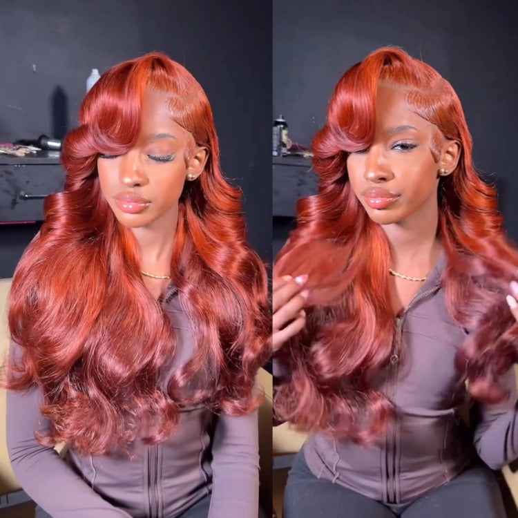 Reddish Brown Color Body Wave Human Hair Wigs HD Transparent Lace Closure Wig - Rafarada