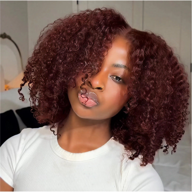 Bob Afro Curly 100% Human Hair Wigs Reddish Brown Color Glueless Lace Wig Pre-Plucked Hairline For Woman - Rafarada