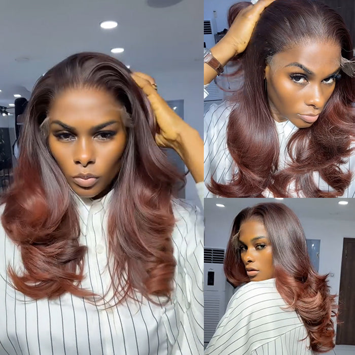 Loose Wave Human Hair Glueless Wig Natural Hairline Ombre Reddish Brown Color Human Hair Glueless HD Lace Front Wig For Woman- Rafarada
