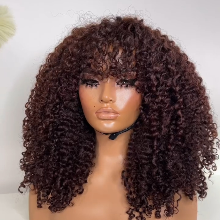 Glueless Chocolate Brown Afro Small Curly Wig with Bangs 6x4 Lace Ombre Brown Human Hair Wigs Bouncy Jerry Curl Fringe Wig Pre-Plucked & Beginner Friendly - Rafarada