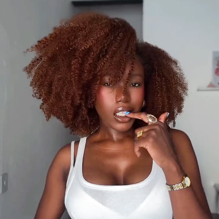 Auburn Afro Kinky Curly Human Hair Wig Voluminous Side Part Coily Curl Reddish Color Wig - Rafarada