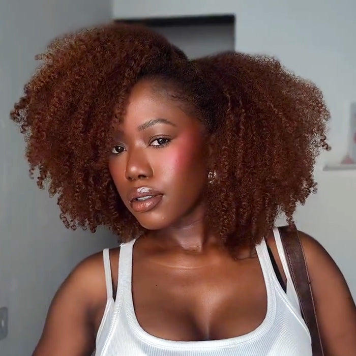 Auburn Afro Kinky Curly Human Hair Wig Voluminous Side Part Coily Curl Reddish Color Wig - Rafarada