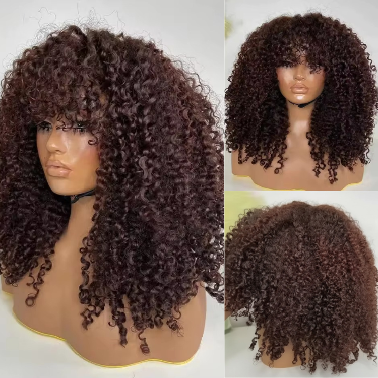 Glueless Chocolate Brown Afro Small Curly Wig with Bangs 6x4 Lace Ombre Brown Human Hair Wigs Bouncy Jerry Curl Fringe Wig Pre-Plucked & Beginner Friendly - Rafarada