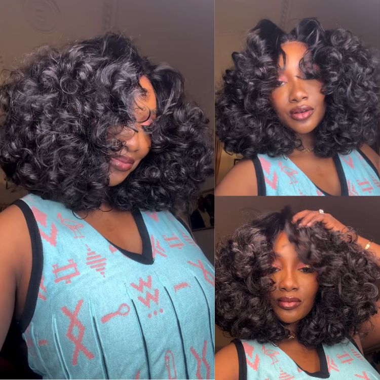 Loose Curly Bob Lace Front Wig Natural Black Soft Curly Human Hair Wig Pre-Plucked Hairline - Rafarada