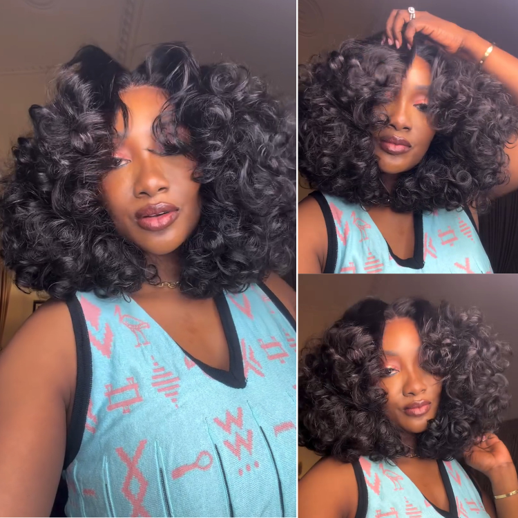 Loose Curly Bob Lace Front Wig Natural Black Soft Curly Human Hair Wig Pre-Plucked Hairline - Rafarada
