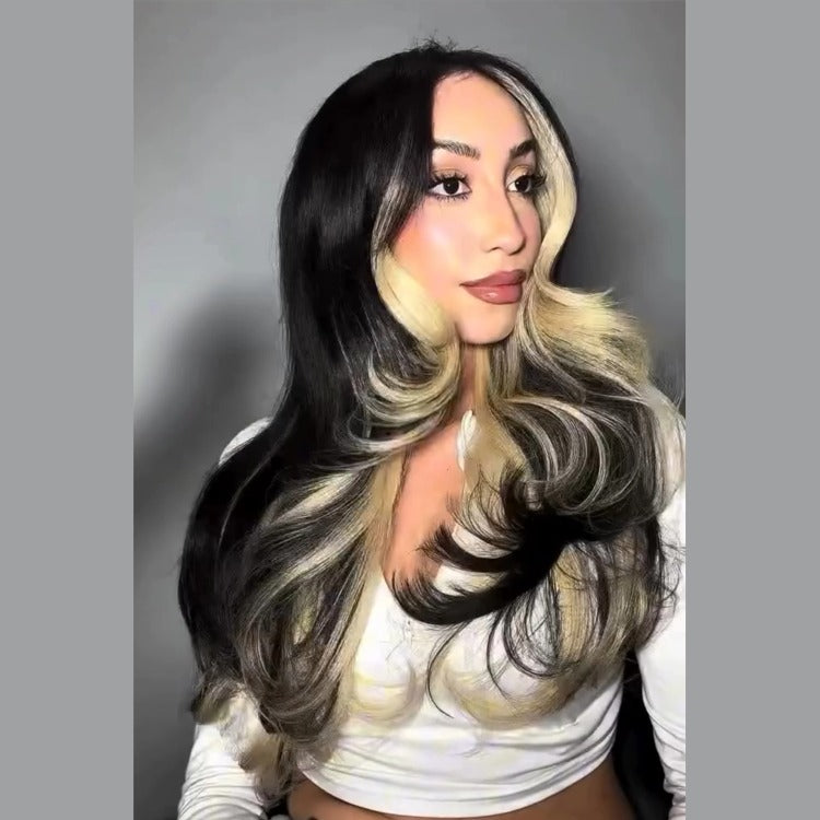 Blonde Highlight Body Wave with Layers Skunk Stripe Hair Lace Front Pre-Plucked Wig - Rafarada