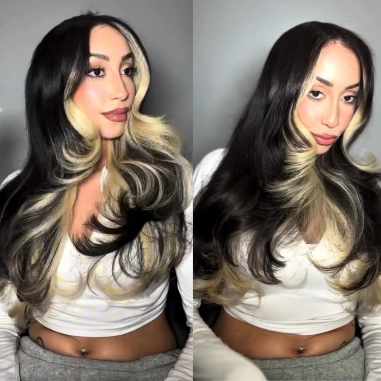 Blonde Highlight Body Wave with Layers Skunk Stripe Hair Lace Front Pre-Plucked Wig - Rafarada