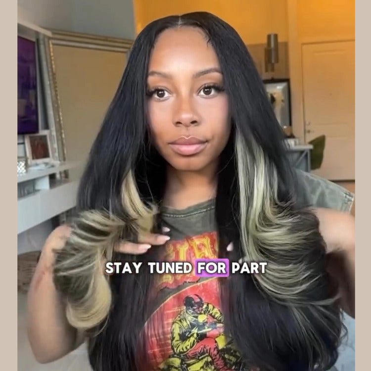 Black Wig With Blonde Skunk Stripe 13x4 Lace Front Straight Human Hair Wigs - Rafarada