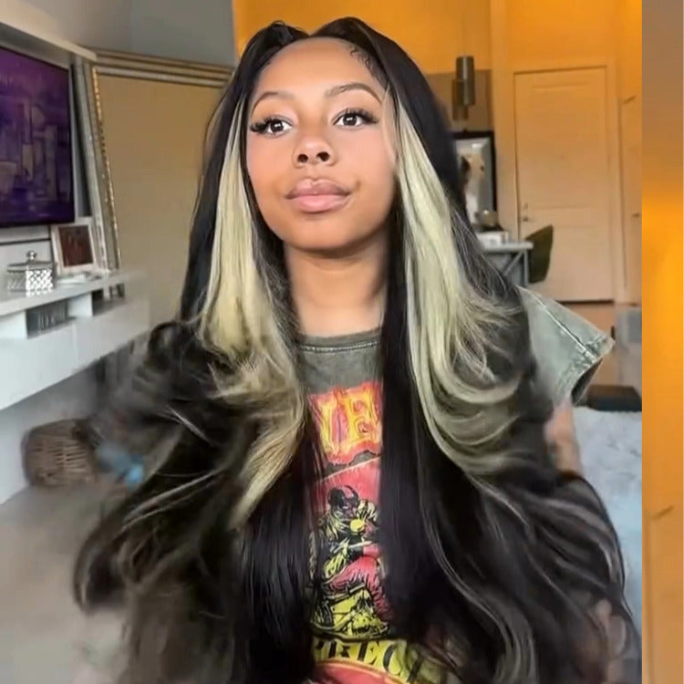 Black Wig With Blonde Skunk Stripe 13x4 Lace Front Straight Human Hair Wigs - Rafarada