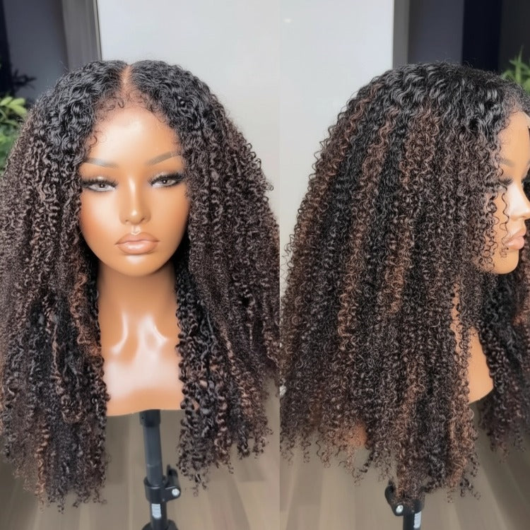 Glueless Small Kinky Curly Human Hair Wig Highlight Color Pre-Plucked Natural Hairline Beginner Friendly Coily Curly Lace Wig - Rafarada