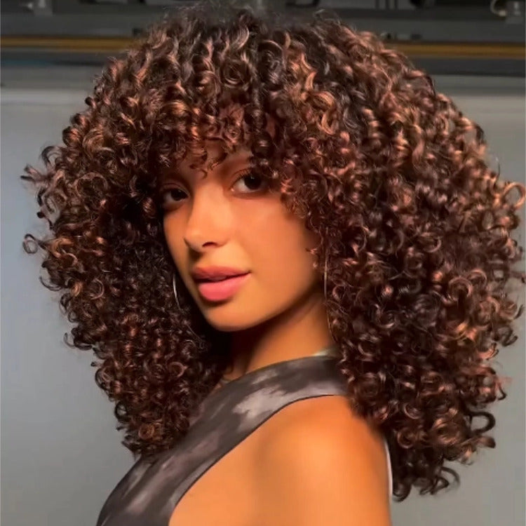 Spiral Ringlets Curly Wig With Bangs Dark Brown With Highlight Color Glueless Human Hair Wigs For Women - Rafarada