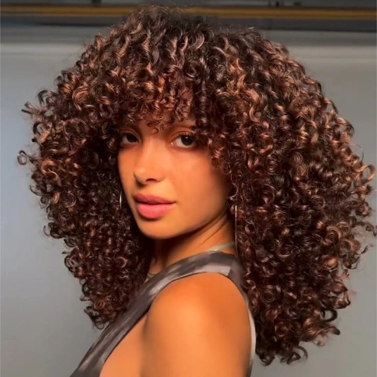 Spiral Ringlets Curly Wig With Bangs Dark Brown With Highlight Color Glueless Human Hair Wigs For Women - Rafarada