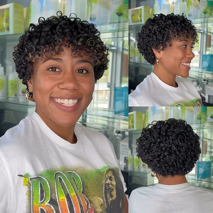 Natural Black with Honey Brown Highlights Coily Bob Wig Short Pixie Cut Spiral Curly Human Hair - Rafarada