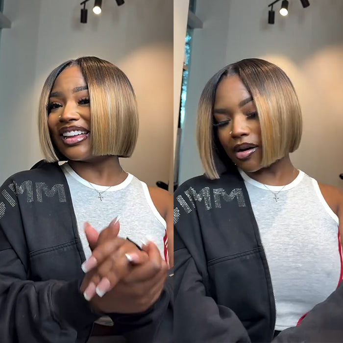 Ombre Highlight Color Bob Straight Human Hair Wig Glueless HD Lace Front Wig Natural Hairline For Women - Rafarada