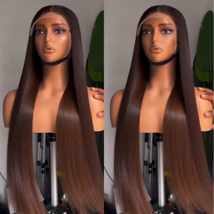 Dark Brown Highlight Color Straight Human Hair HD Lace Front Wig - Rafarada