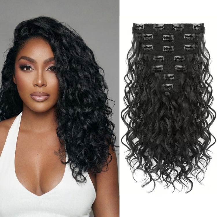 Water Wave Clip in Human Hair Extensions Natural Black #1B Clip-ins for Long Wavy 100% Human Hair Extensions - Rafarada
