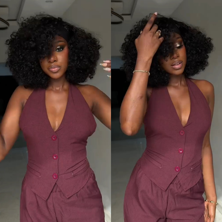 Afro Kinky Curly Headband Wig Human Hair Glueless None Lace Front Wigs Natural Black Bouncy Afro Curly Scarf Wig- Rafarada