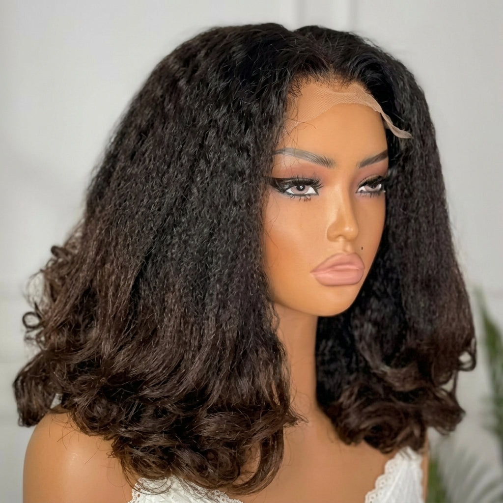 Kinky Straight Wig with Curly Ends Natural Black to Brown Ombre Glueless Human Hair Wig - Rafarada