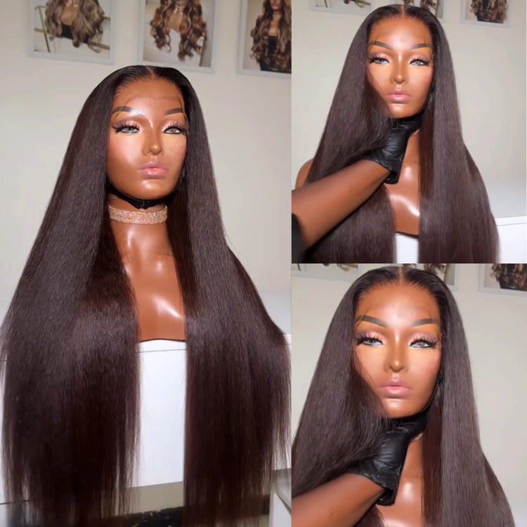 Dark Brown Color Yaki Straight Human Hair Wig Lace Front Wig - Rafarada